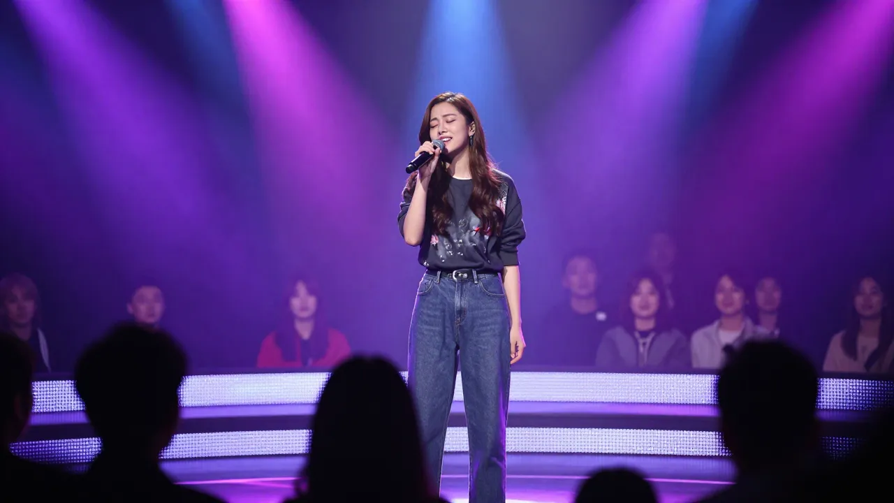 Junge Sängerin singt mit Mikrofon unter Scheinwerferlicht auf einer großen Casting-Show-Bühne