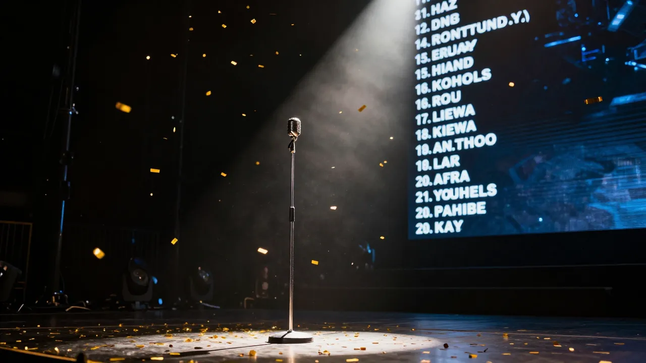 Leere Konzertbühne mit Mikrofon im Scheinwerferlicht und goldenem Konfetti, im Hintergrund eine LED-Leinwand mit Songtiteln – Symbol für das DSDS Finale.